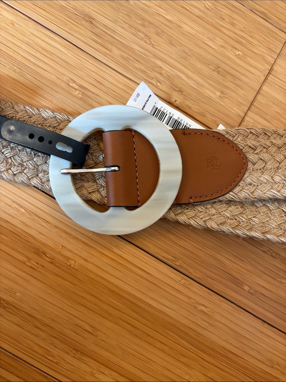 Ralph Lauren Brown Leather & Natural Woven Belt with Cream Round Buckle